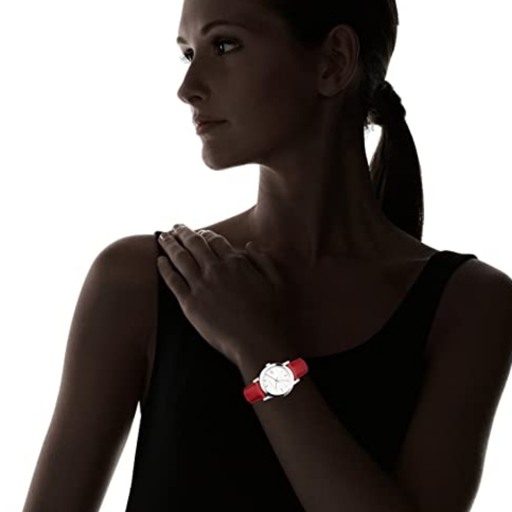 Burberry Check Stamped Red Leather Ladies Watch - Picture 2 of 8